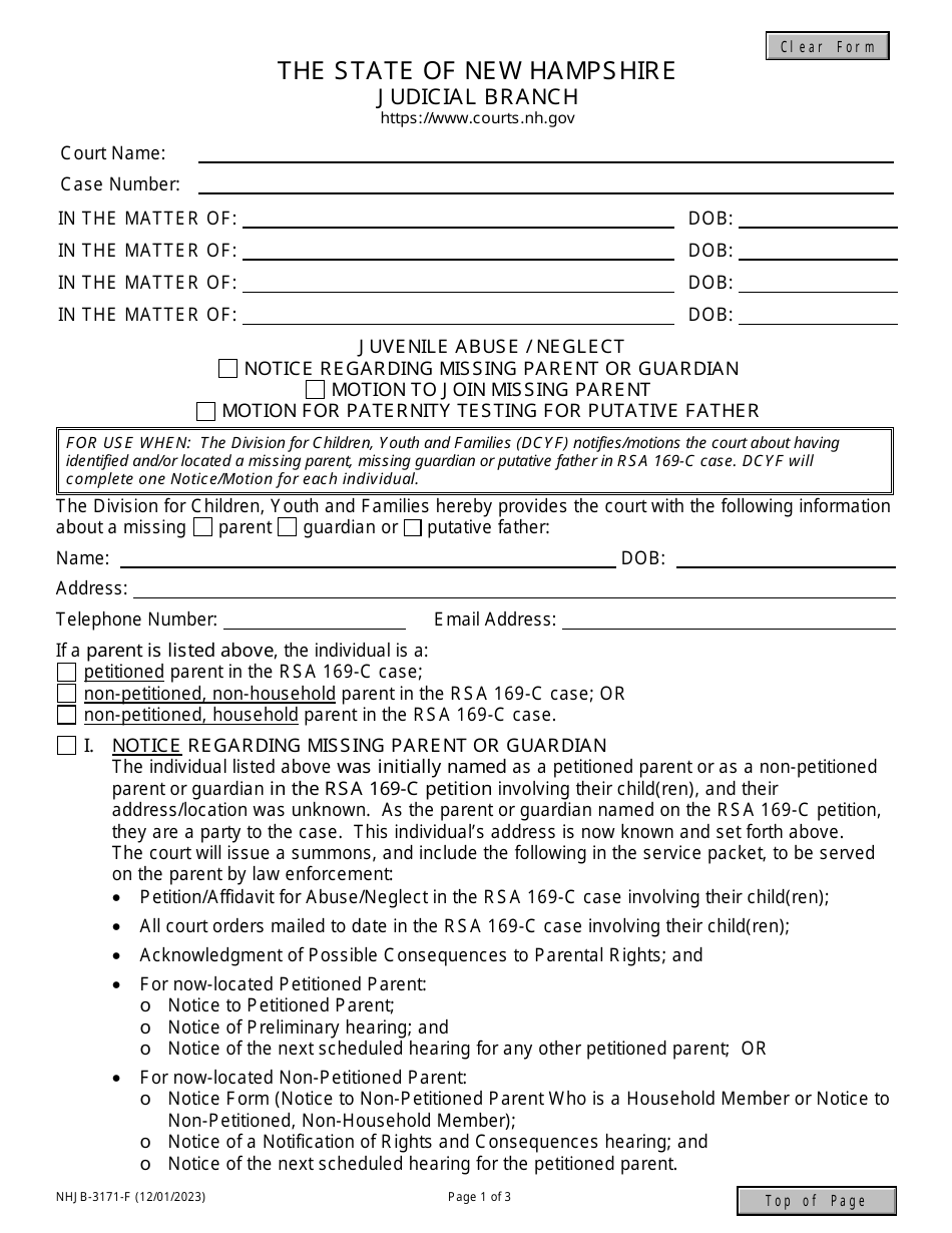 Form NHJB-3171-F Juvenile Abuse / Neglect - Notice Regarding Missing Parent or Guardian / Motion to Join Missing Parent / Motion for Paternity Testing for Putative Father - New Hampshire, Page 1