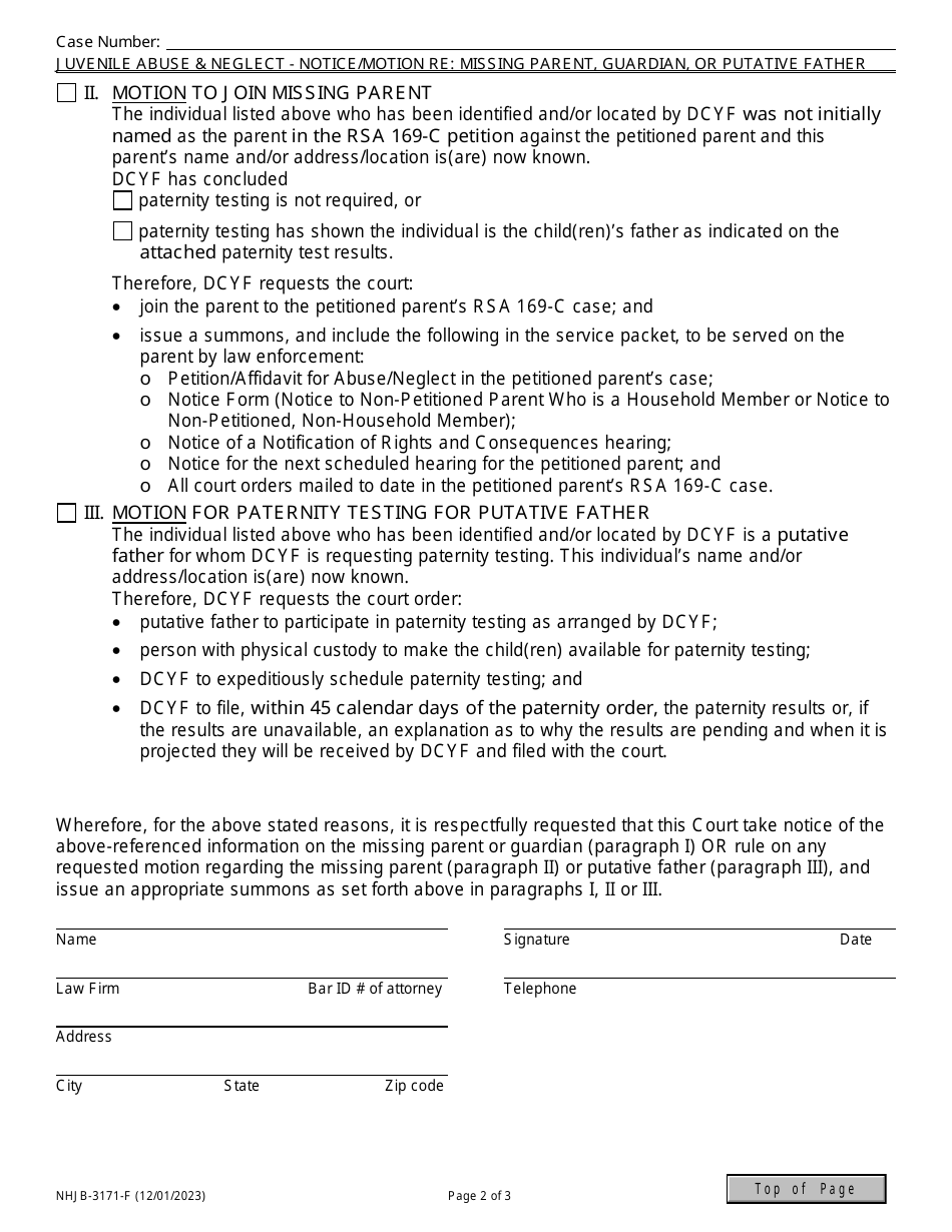 Form NHJB-3171-F Juvenile Abuse / Neglect - Notice Regarding Missing Parent or Guardian / Motion to Join Missing Parent / Motion for Paternity Testing for Putative Father - New Hampshire, Page 2