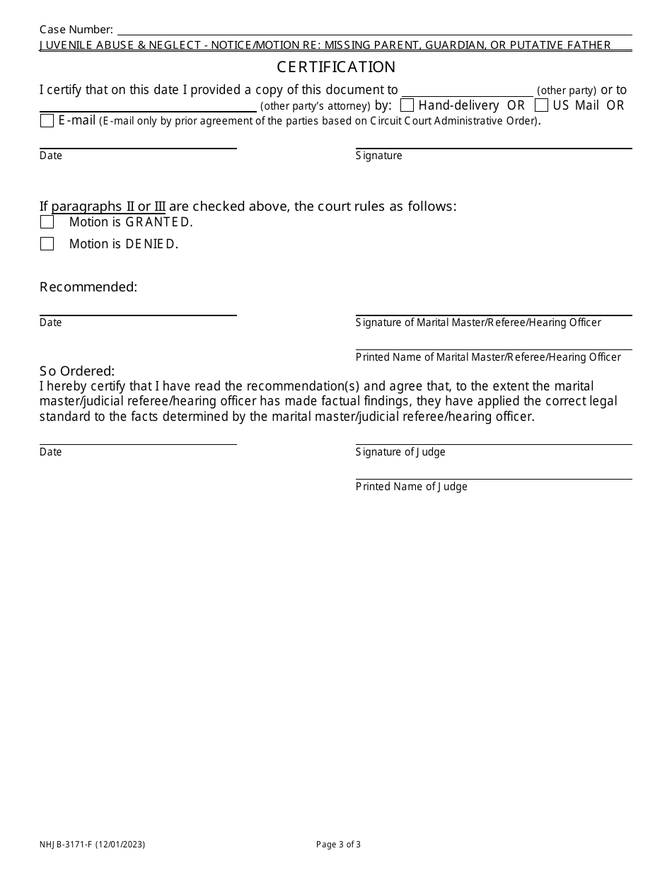 Form NHJB-3171-F Juvenile Abuse / Neglect - Notice Regarding Missing Parent or Guardian / Motion to Join Missing Parent / Motion for Paternity Testing for Putative Father - New Hampshire, Page 3