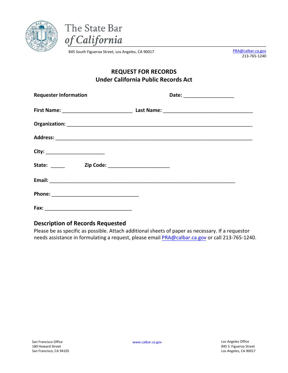 California Request for Records Under California Public Records Act