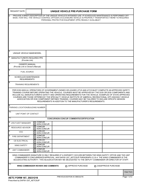 AETC Form 187 Unique Vehicle Pre-purchase Form