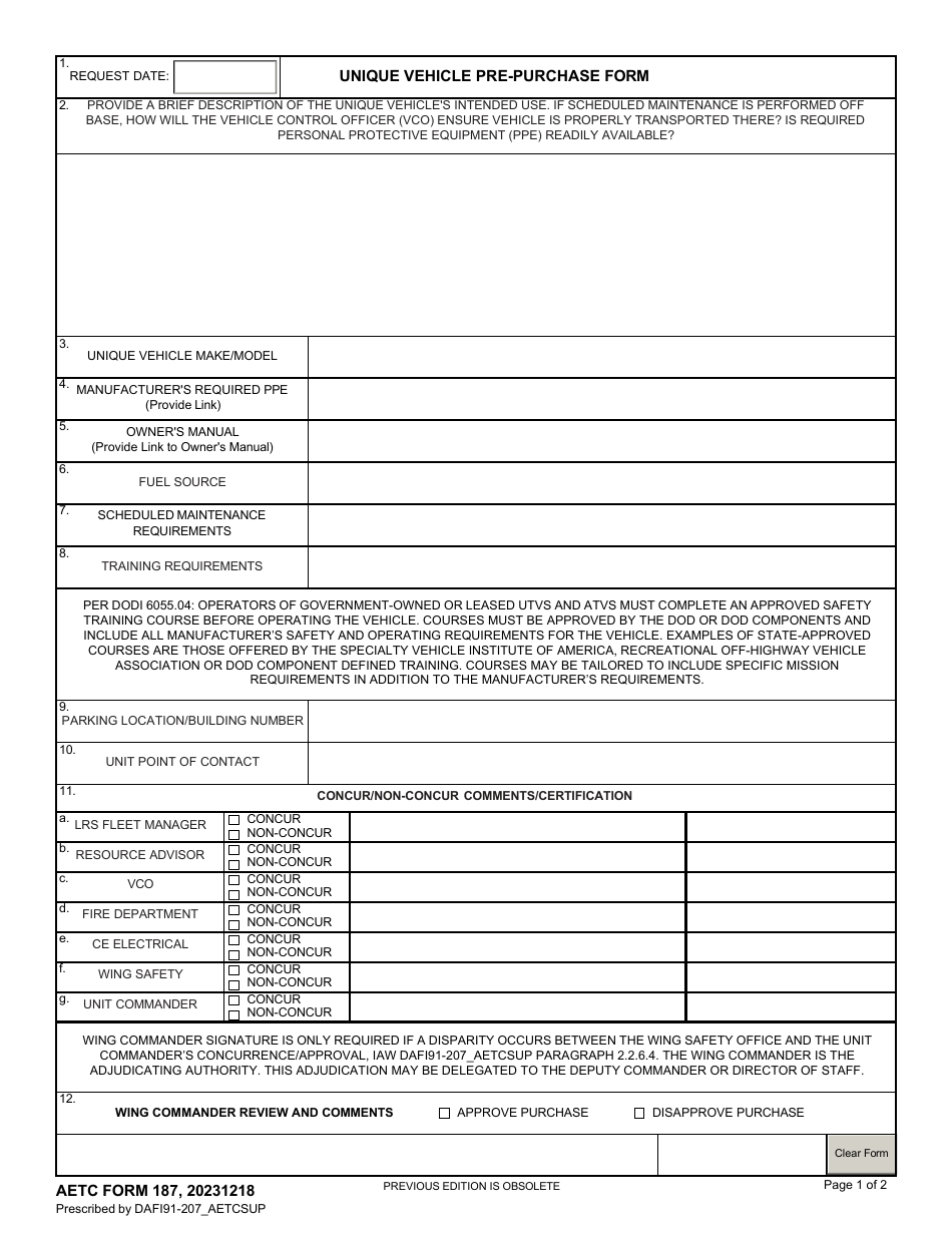 AETC Form 187 Unique Vehicle Pre-purchase Form, Page 1
