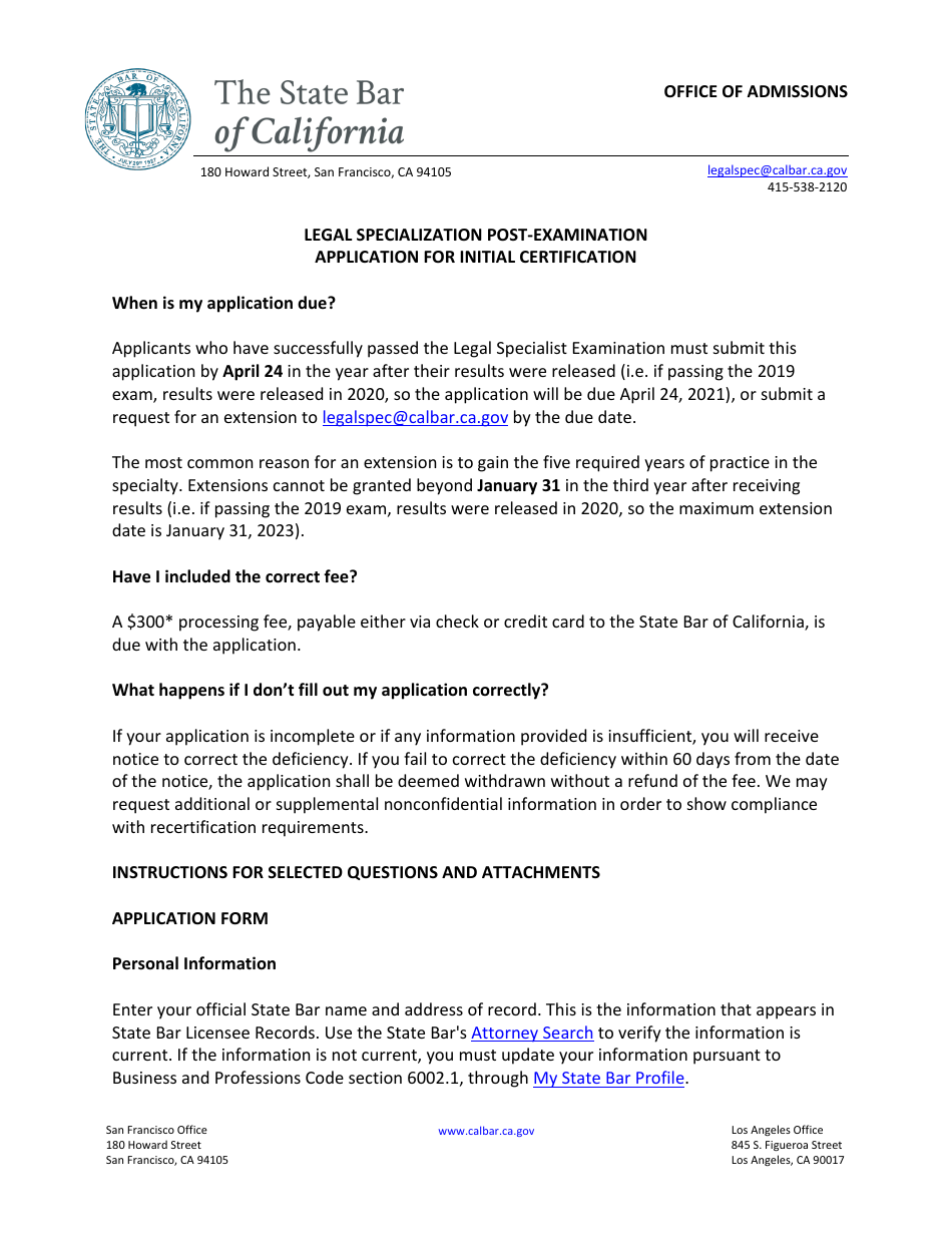 Post-examination Application for Initial Certification - Legal Malpractice Law Certified Specialist - California, Page 1