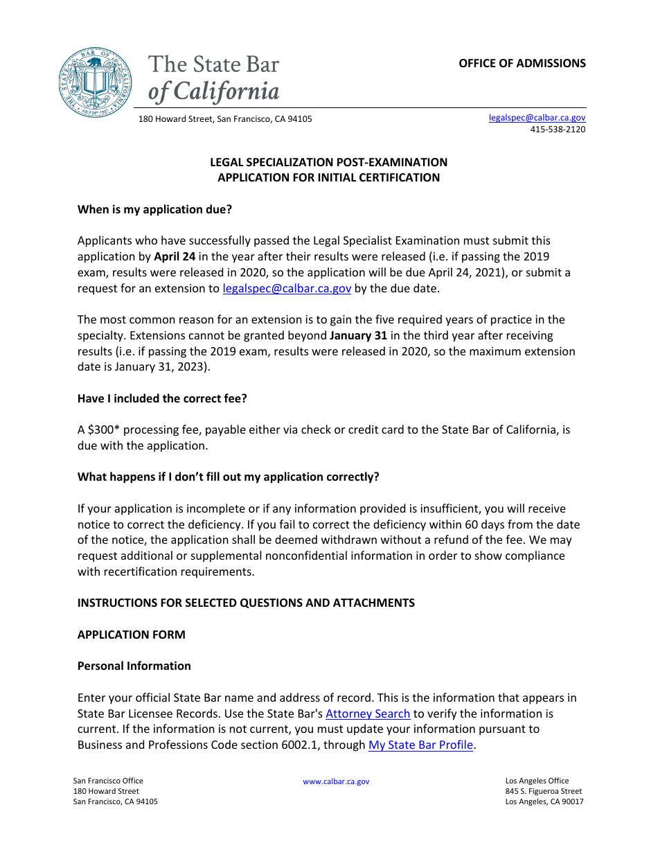 California Postexamination Application for Initial Certification