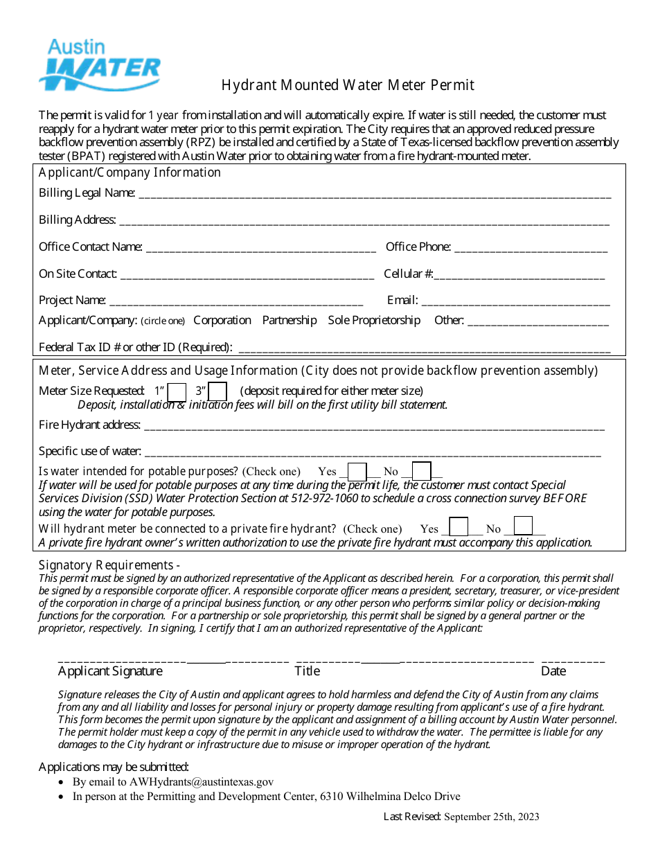 Hydrant Mounted Water Meter Permit Application - City of Austin, Texas, Page 1