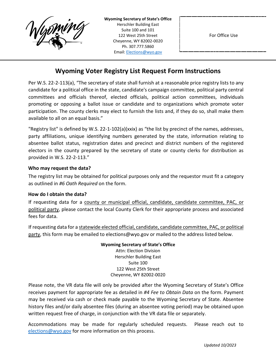 Wyoming Voter Registry List Request Form - Wyoming, Page 1