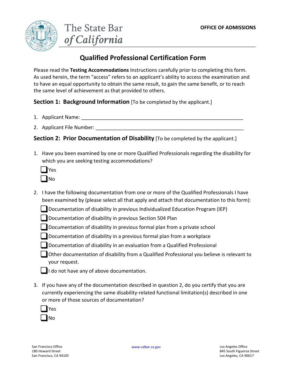 Qualified Professional Certification Form - California, Page 1