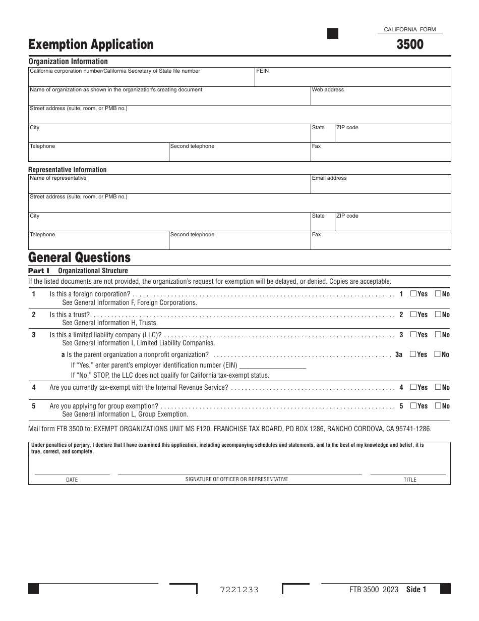 Form FTB3500 Exemption Application - California, Page 1