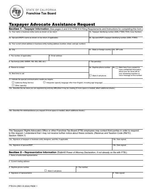 Form FTB914 Taxpayer Advocate Assistance Request - California