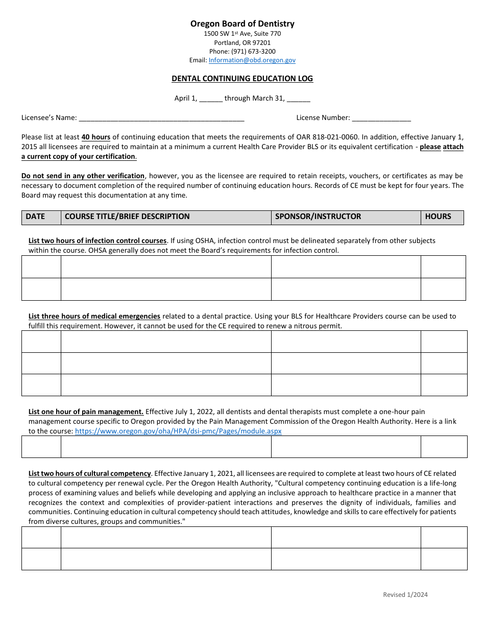 Oregon Dental Continuing Education Log Download Fillable PDF 2020