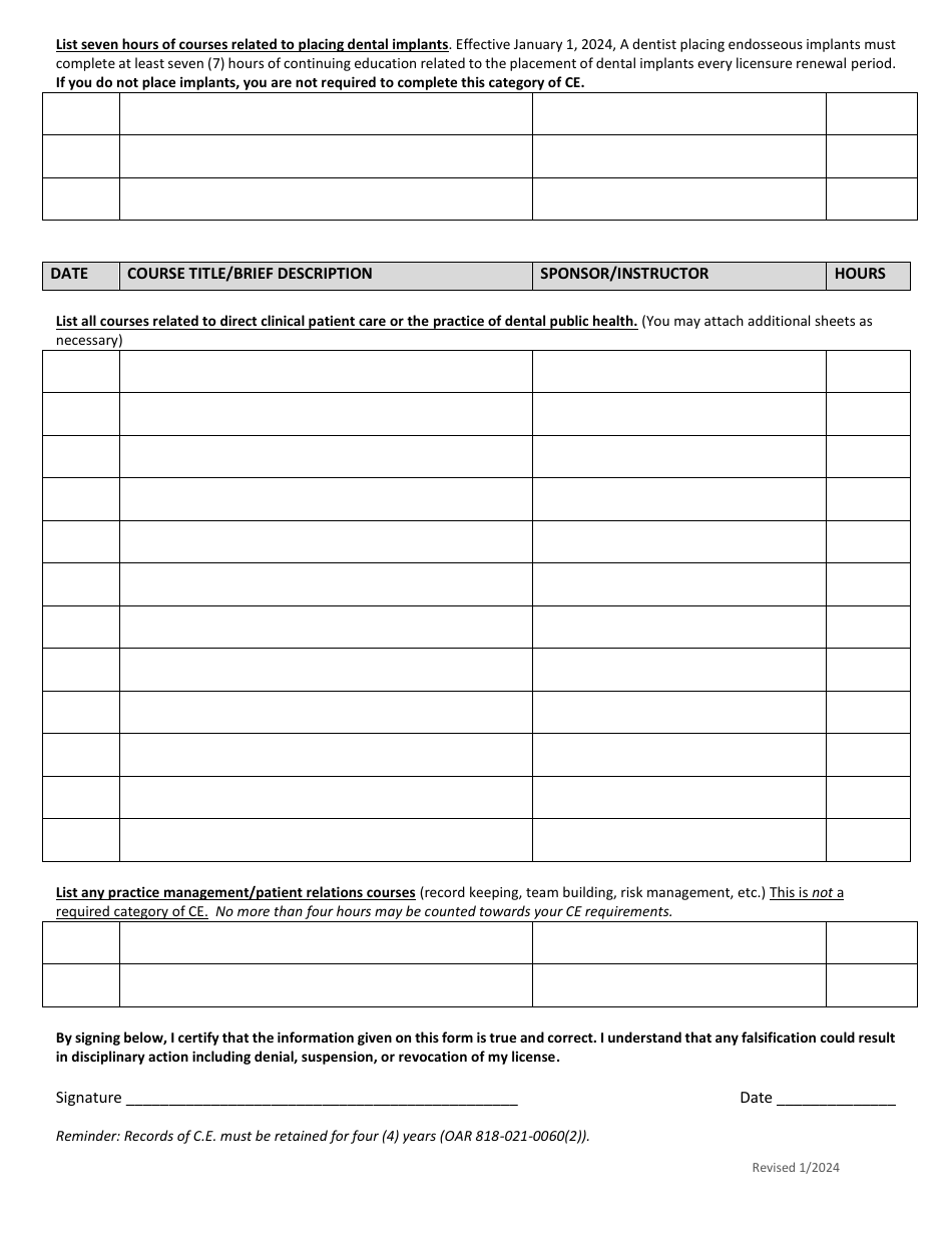 Dental Continuing Education Log - Oregon, Page 2