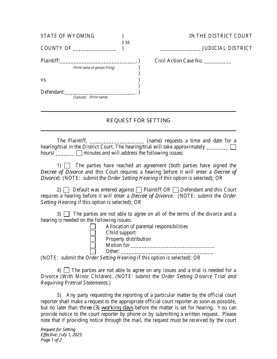 Request for Setting - Divorce With Minor Children - Plaintiff - Wyoming, Page 1