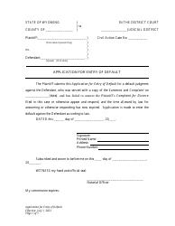 Document preview: Application for Entry of Default - Divorce With Minor Children - Plaintiff - Wyoming