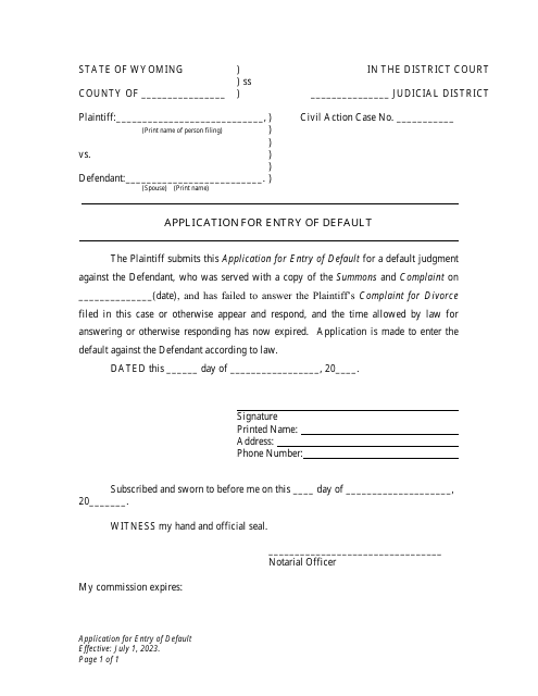 Application for Entry of Default - Divorce With Minor Children - Plaintiff - Wyoming Download Pdf