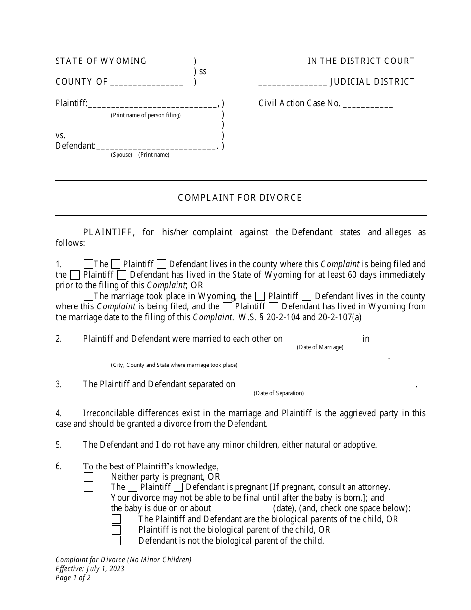 Complaint for Divorce (No Minor Children) - Wyoming, Page 1
