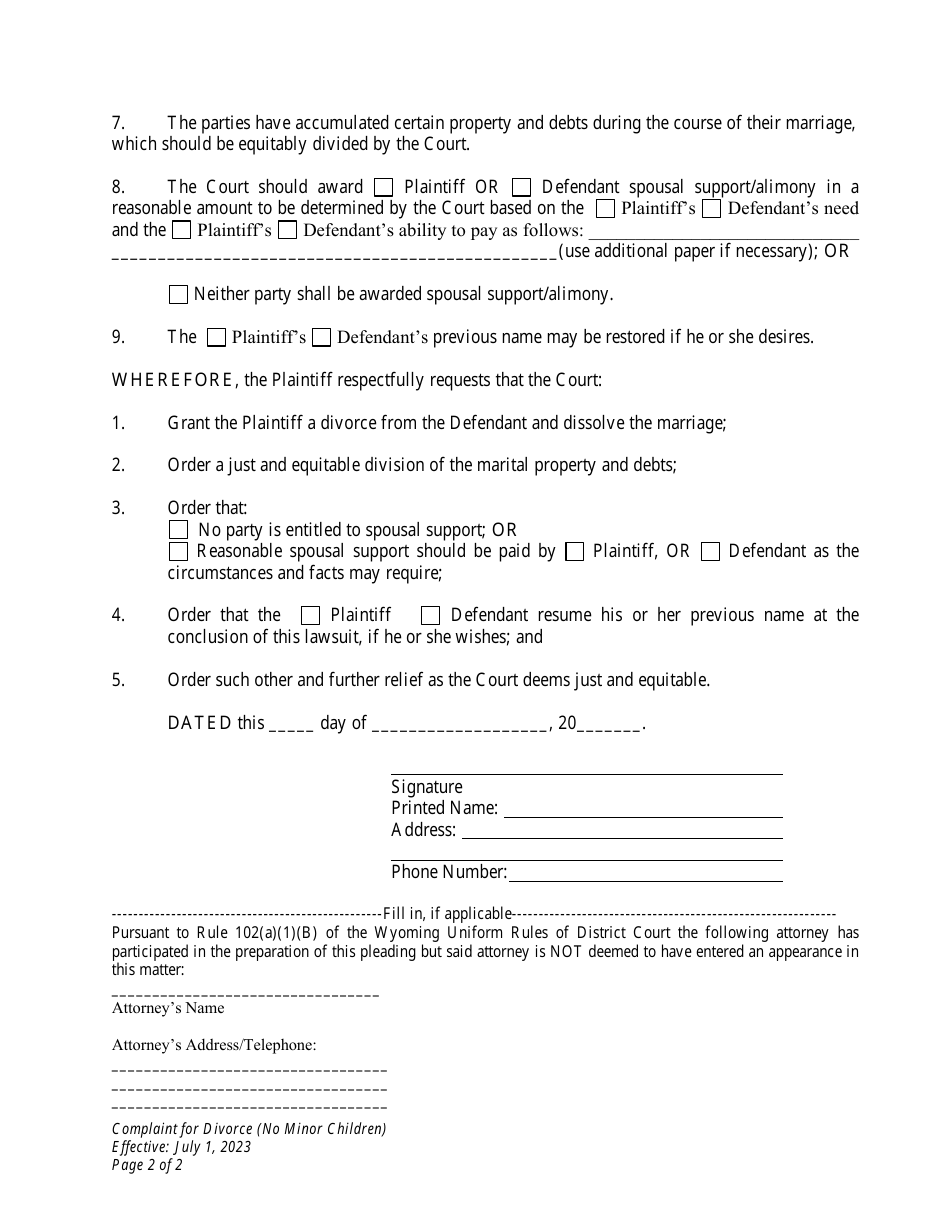 Complaint for Divorce (No Minor Children) - Wyoming, Page 2