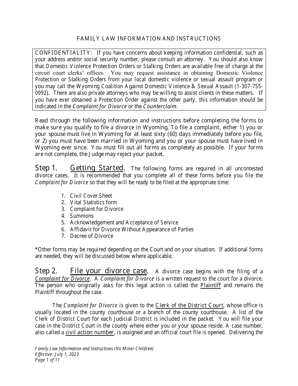 Family Law Information and Instructions (No Minor Children) - Wyoming, Page 1