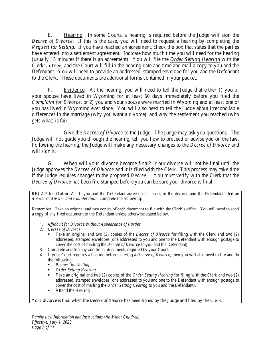 Family Law Information and Instructions (No Minor Children) - Wyoming, Page 7