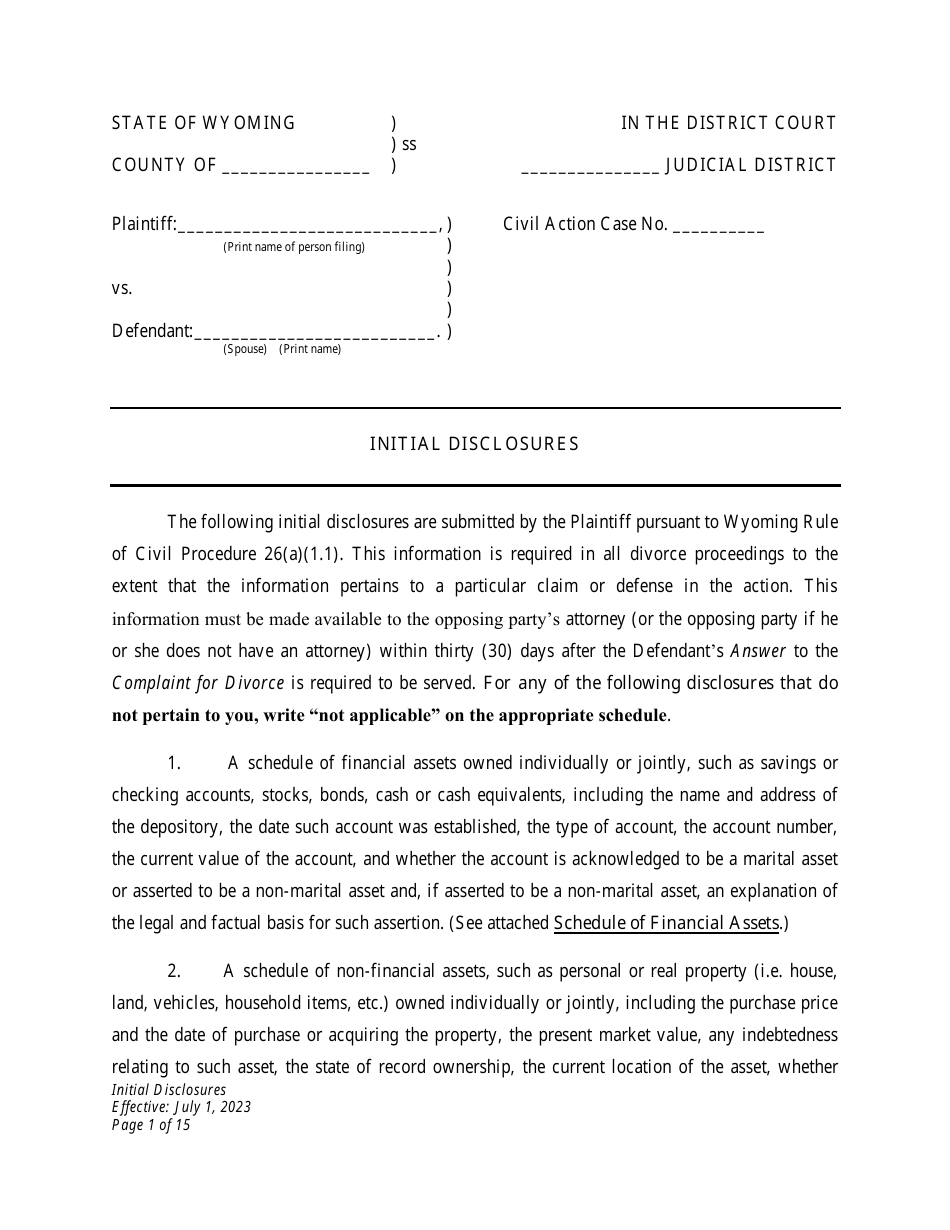 Initial Disclosures - Divorce - Wyoming, Page 1