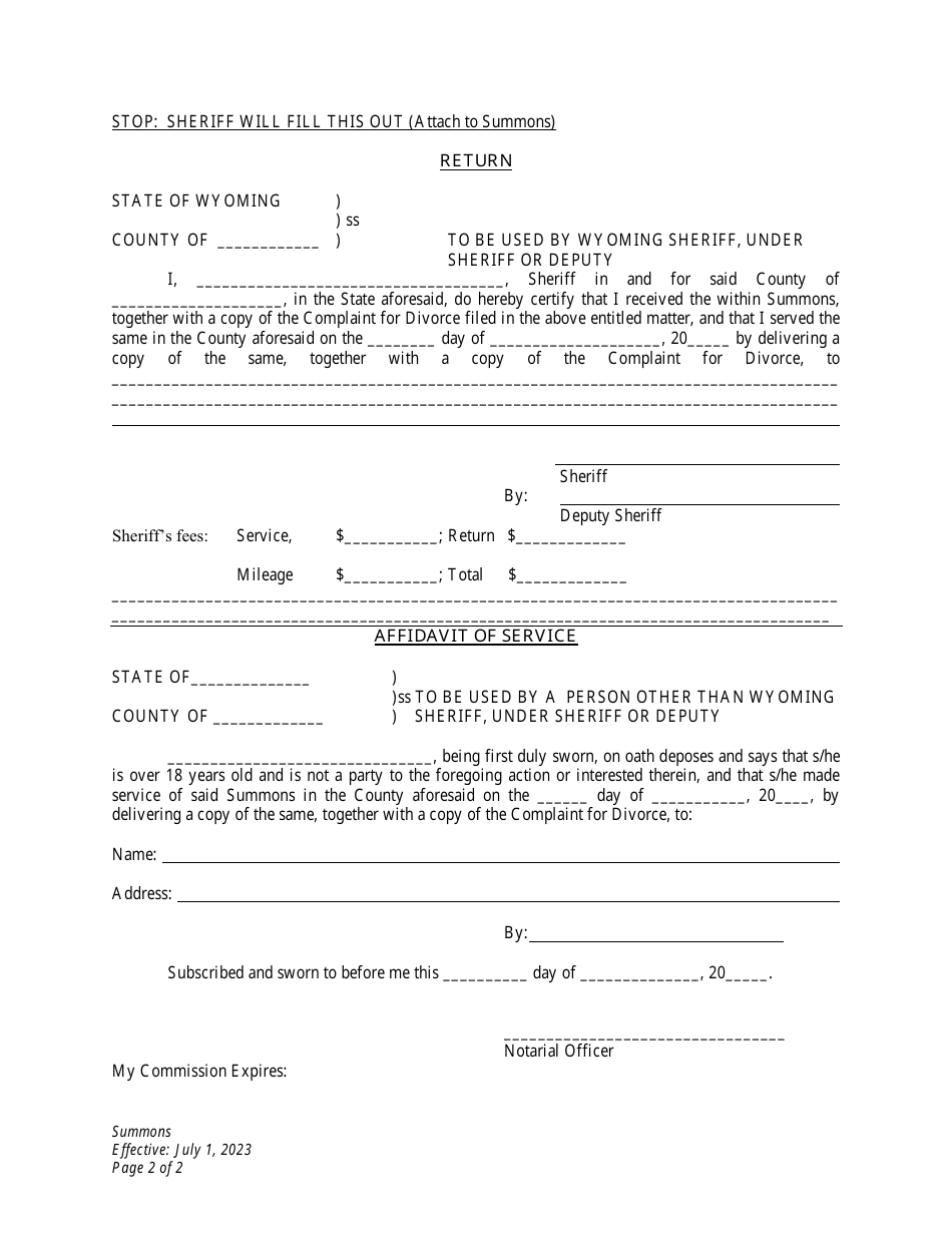Summons - Divorce With No Children - Plaintiff - Wyoming, Page 2
