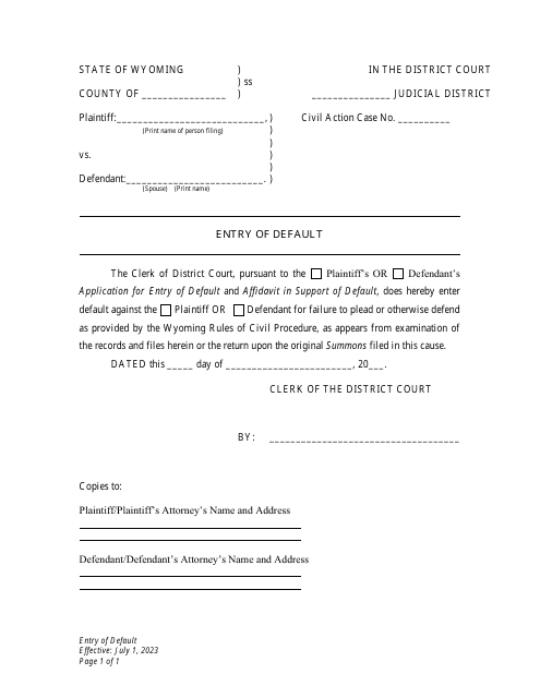 Entry of Default - Plaintiff - Wyoming Download Pdf
