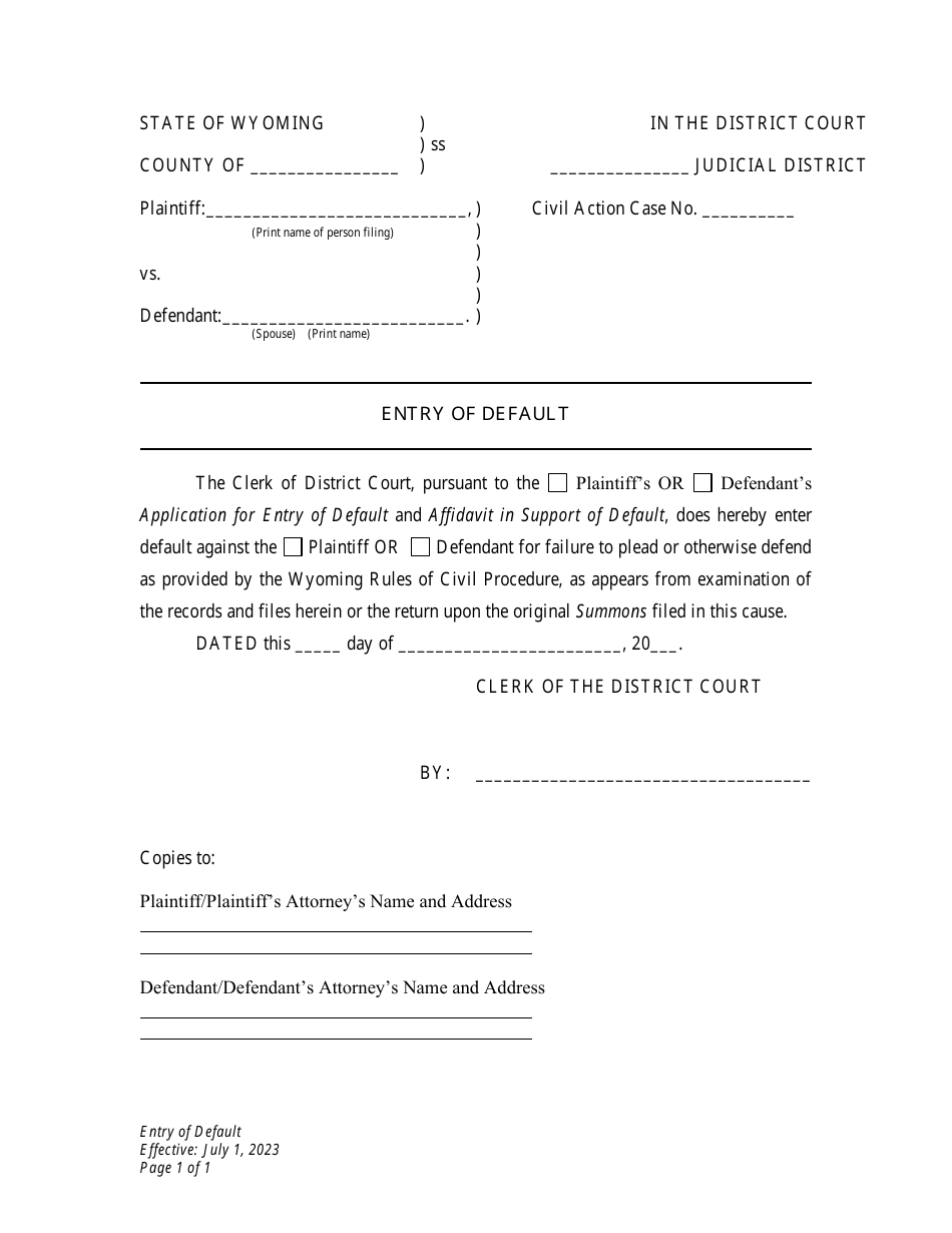 Entry of Default - Plaintiff - Wyoming, Page 1