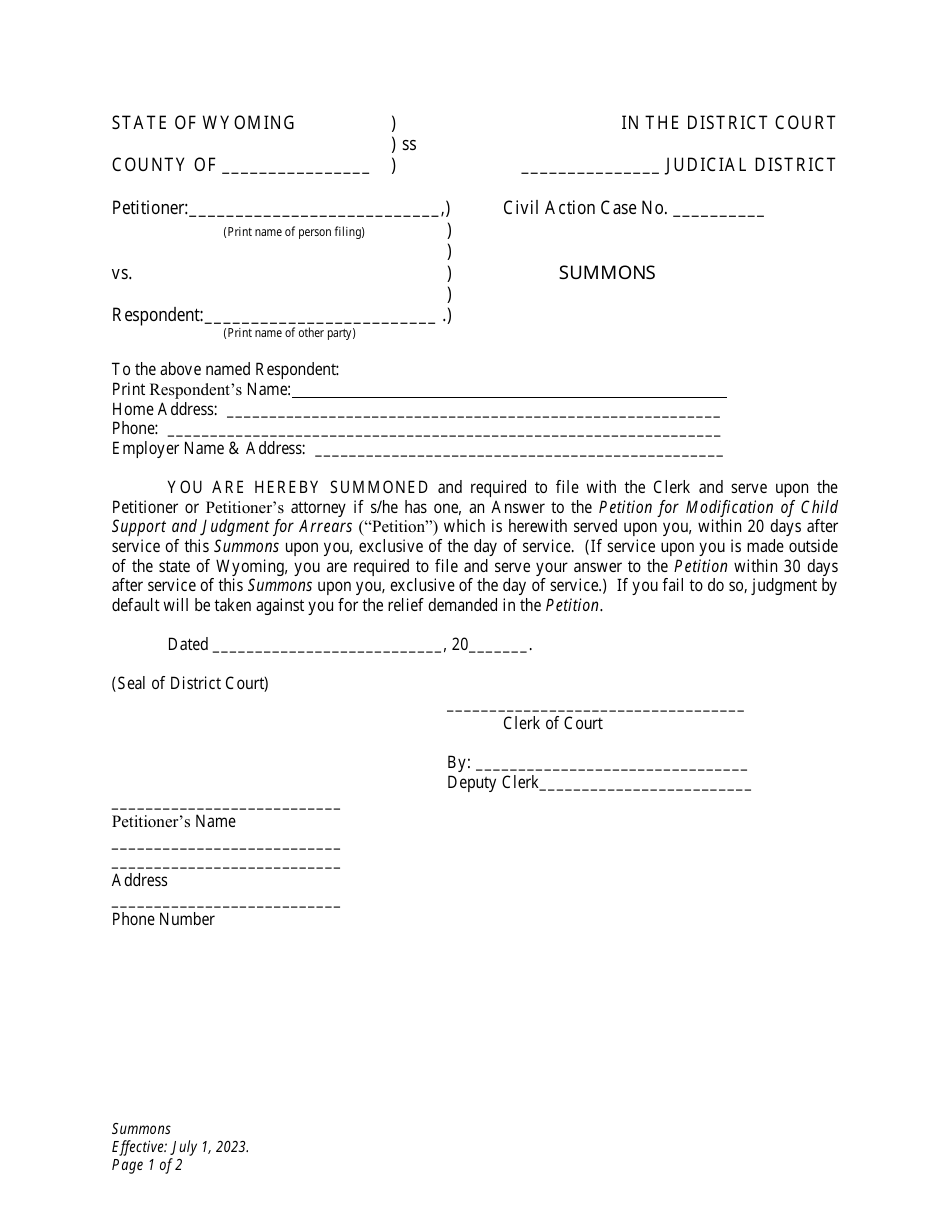 Summons - Child Support Modification - Wyoming, Page 1