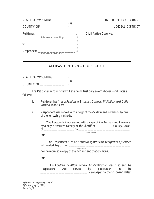 Affidavit in Support of Default - Establishment of Custody, Visitation and Child Support - Petitioner - Wyoming Download Pdf