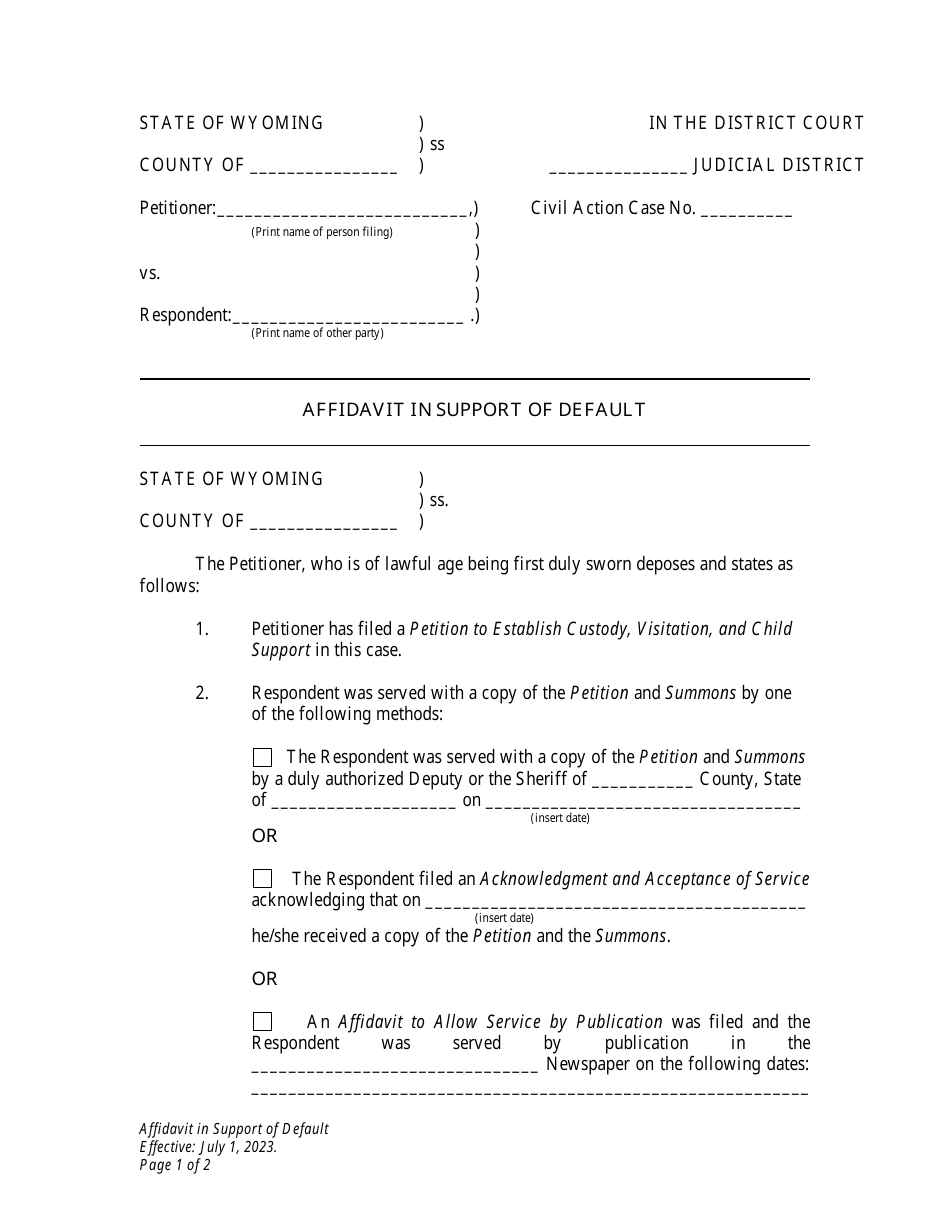 Affidavit in Support of Default - Establishment of Custody, Visitation and Child Support - Petitioner - Wyoming, Page 1