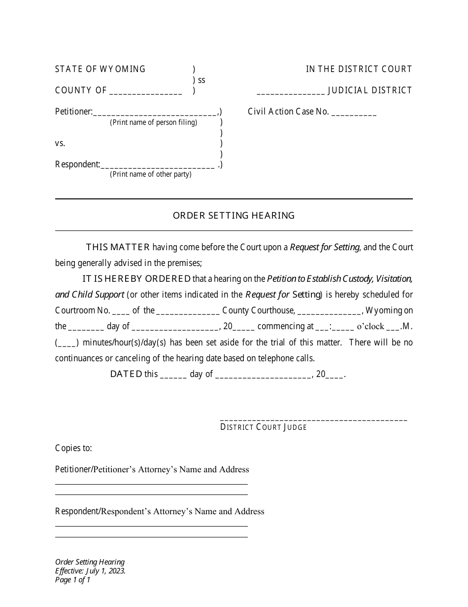 Order Setting Hearing - Establishment of Custody, Visitation and Child Support - Wyoming, Page 1