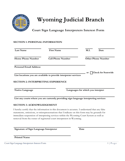 Court Sign Language Interpreters Interest Form - Wyoming Download Pdf