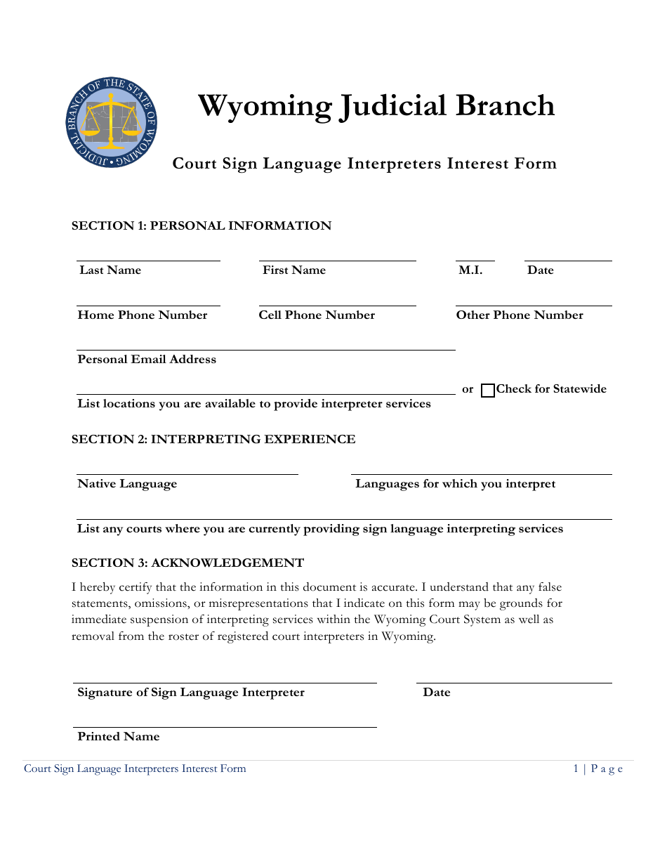 Court Sign Language Interpreters Interest Form - Wyoming, Page 1