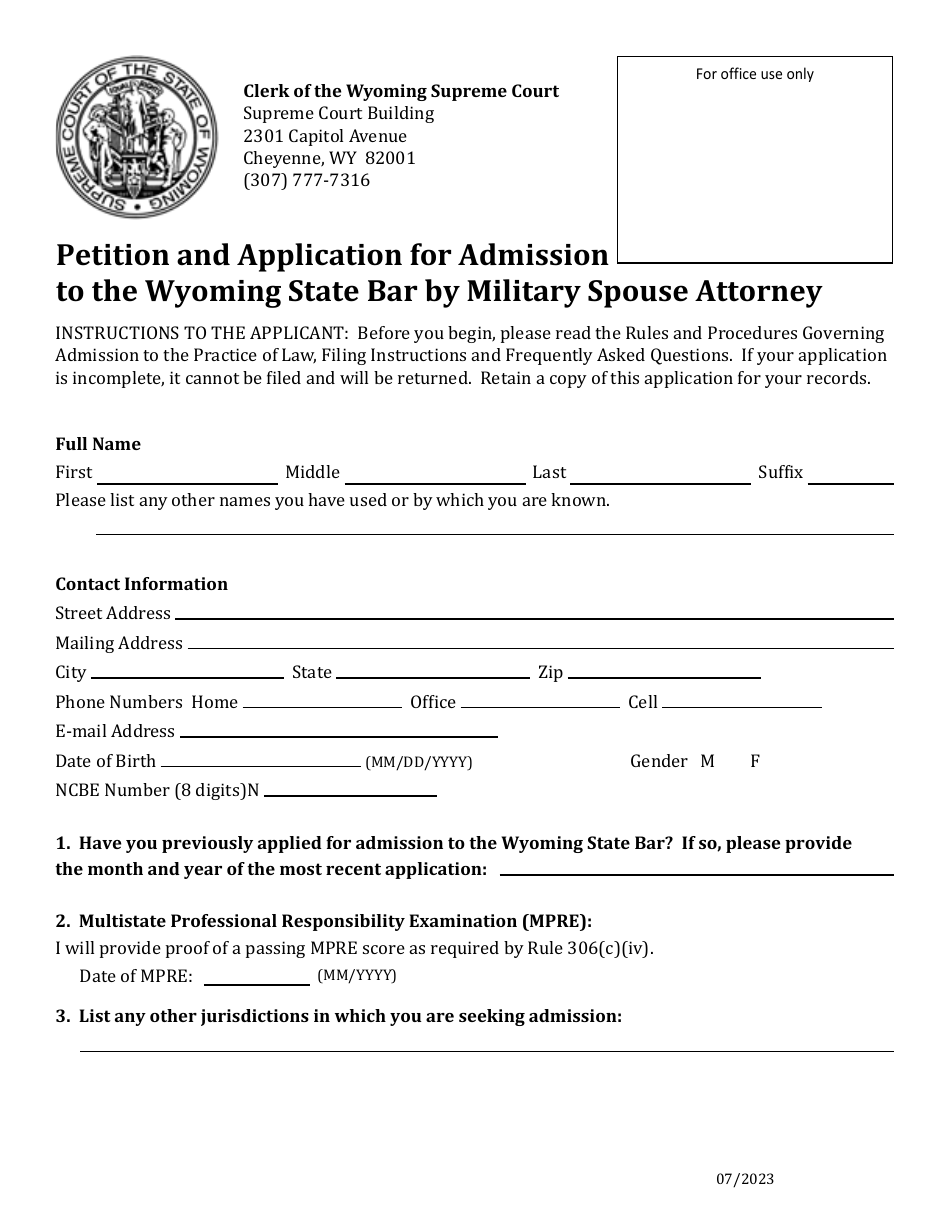 Petition and Application for Admission to the Wyoming State Bar by Military Spouse Attorney - Wyoming, Page 1