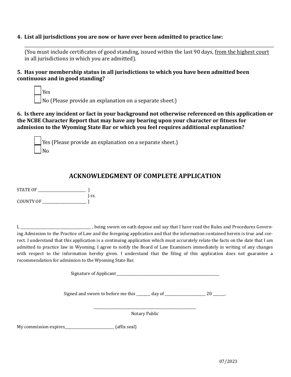 Petition and Application for Admission to the Wyoming State Bar by Military Spouse Attorney - Wyoming, Page 2