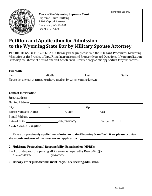 Petition and Application for Admission to the Wyoming State Bar by Military Spouse Attorney - Wyoming Download Pdf