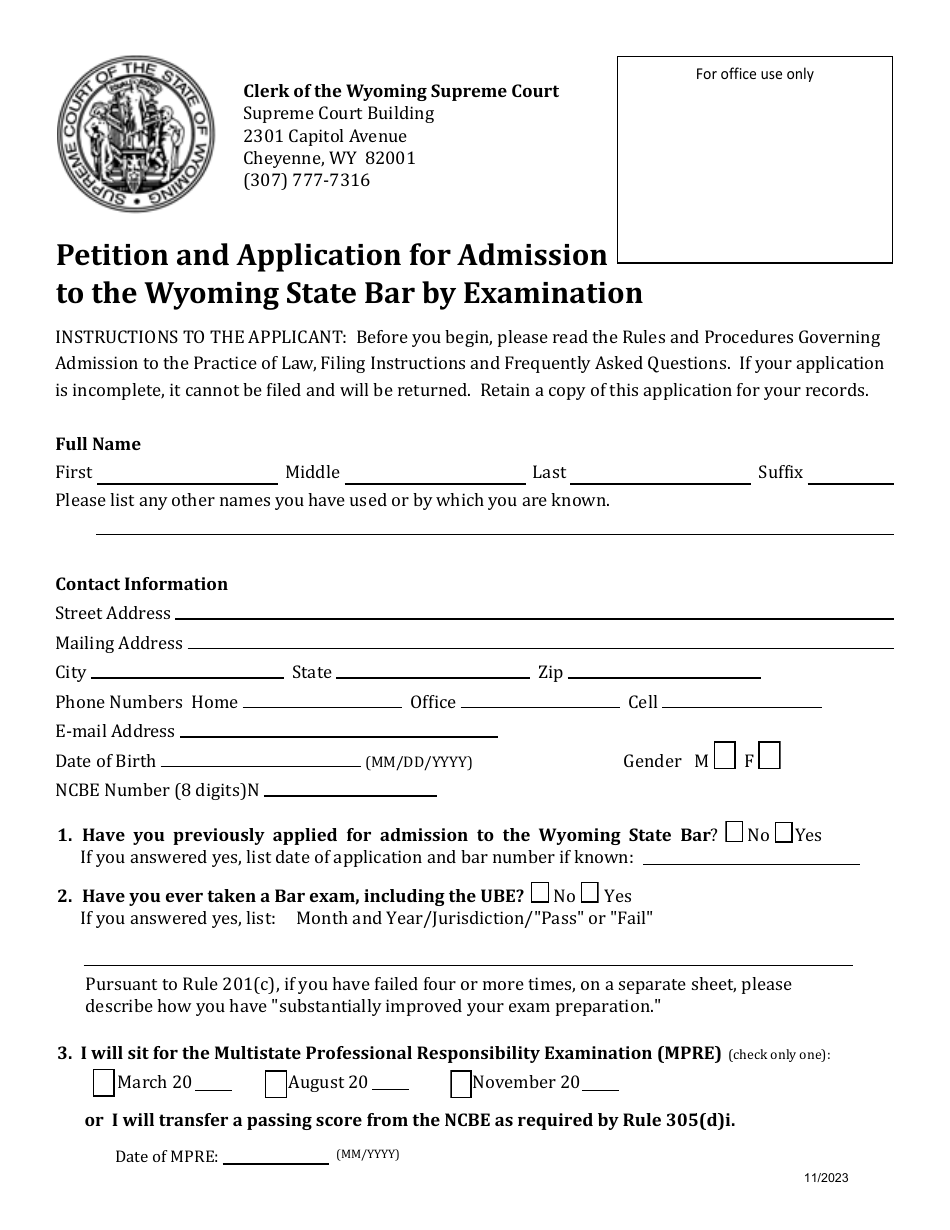 Petition and Application for Admission to the Wyoming State Bar by Examination - Wyoming, Page 1