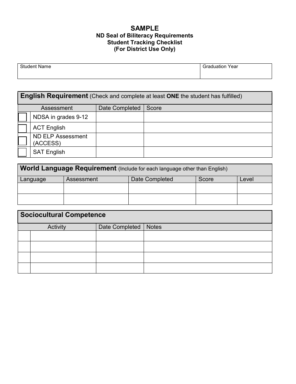 Nd Seal of Biliteracy Requirements Student Tracking Checklist (For District Use Only) - North Dakota, Page 1