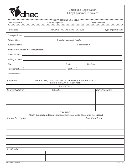 DHEC Form 0825  Printable Pdf
