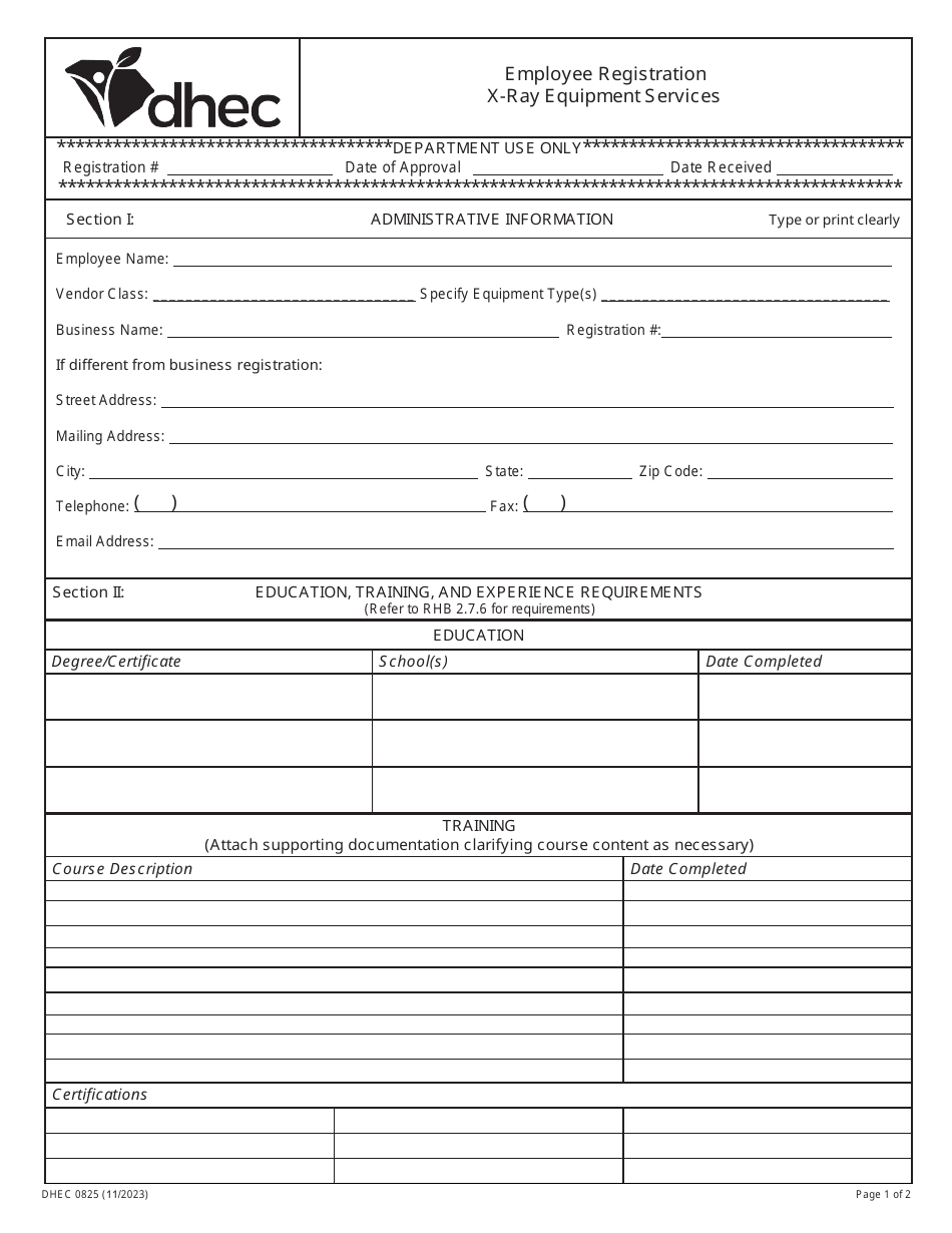 DHEC Form 0825 Employee Registration - X-Ray Equipment Services - South Carolina, Page 1