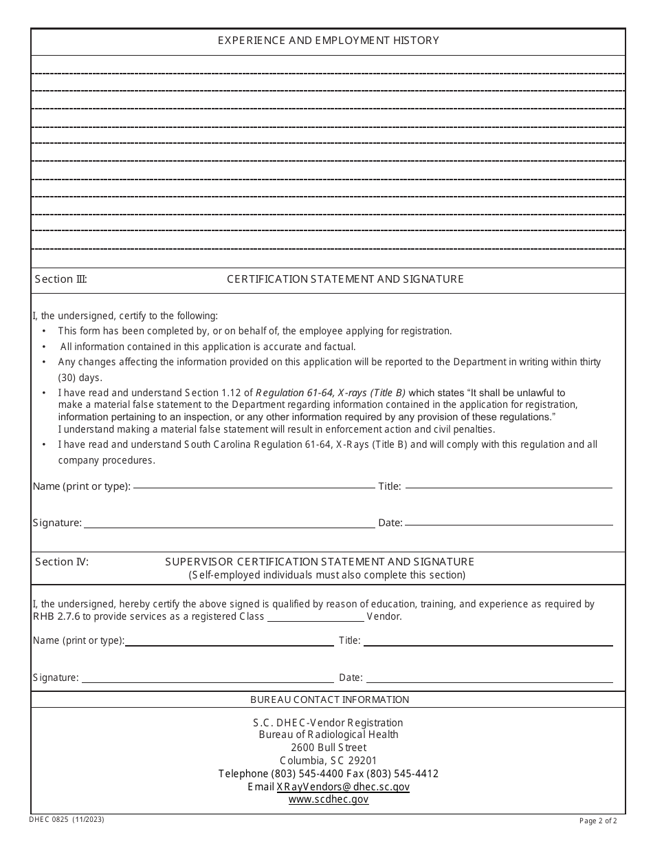 DHEC Form 0825 Employee Registration - X-Ray Equipment Services - South Carolina, Page 2