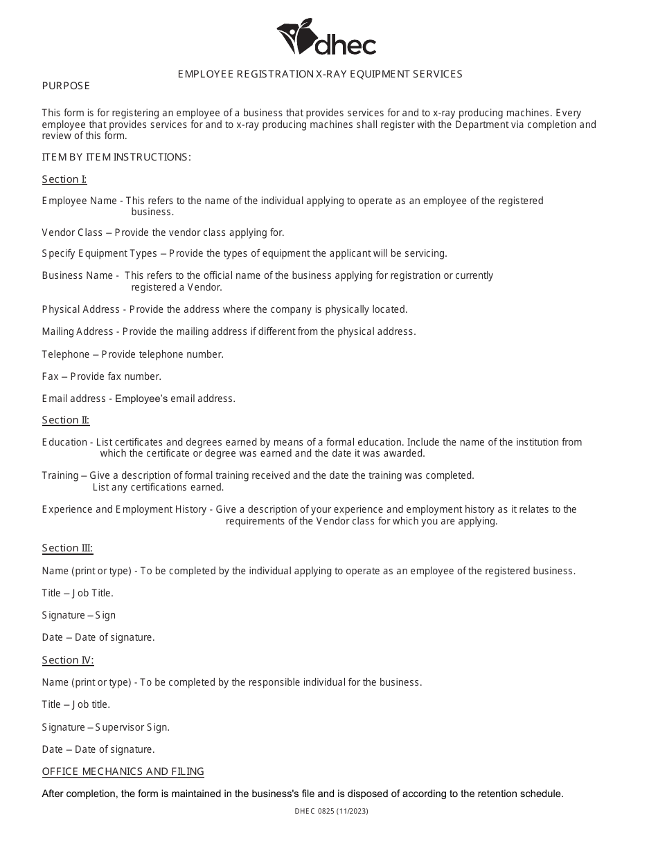 DHEC Form 0825 Employee Registration - X-Ray Equipment Services - South Carolina, Page 3