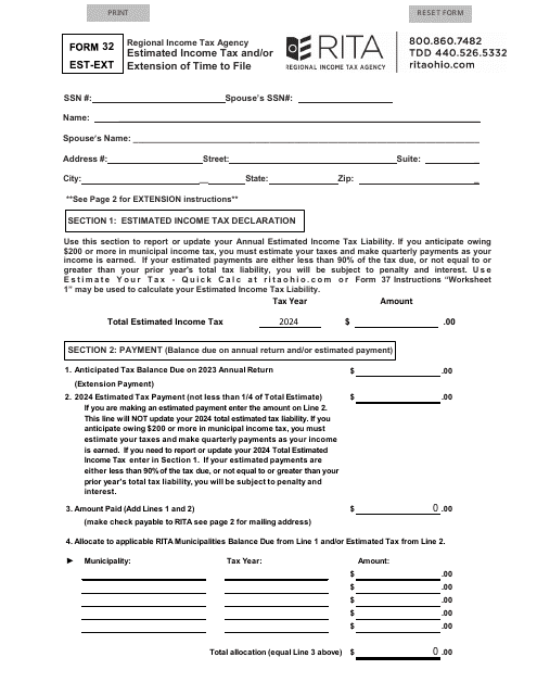 Form 32 EST-EXT Estimated Income Tax and/or Extension of Time to File - Ohio, 2024