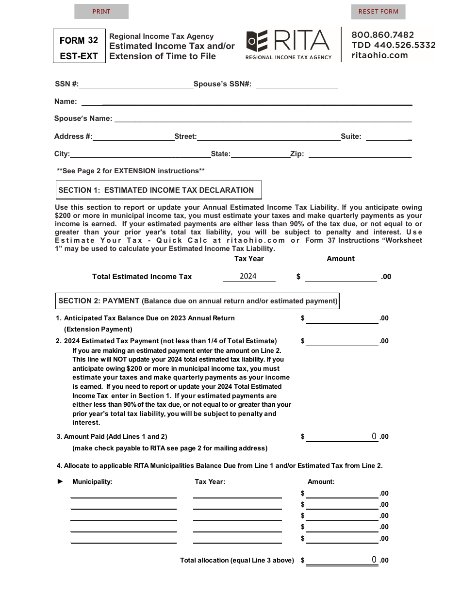 Form 32 EST-EXT Estimated Income Tax and / or Extension of Time to File - Ohio, Page 1