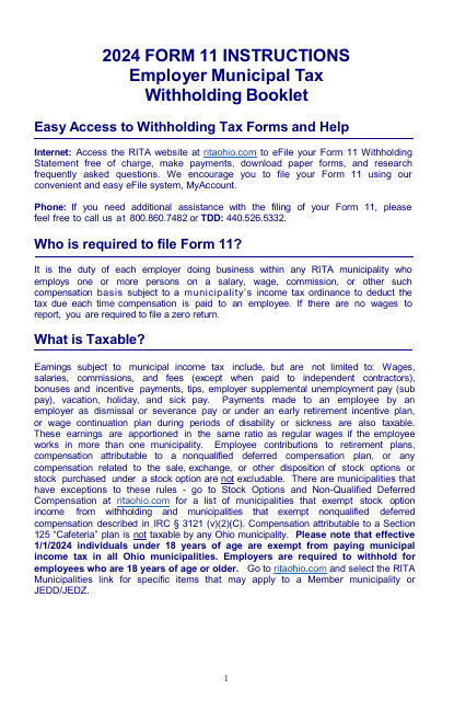 Instructions for Form 11 Employer's Municipal Tax Withholding Statement - Ohio, 2024