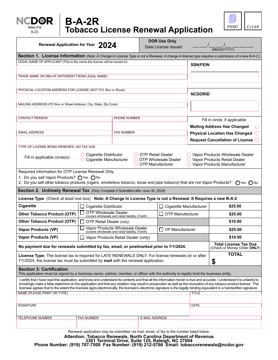 Form B-A-2R Tobacco License Renewal Application - North Carolina, Page 2
