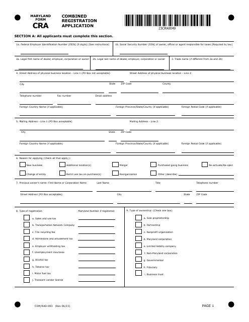 Maryland Form CRA (COM/RAD-093)  Printable Pdf