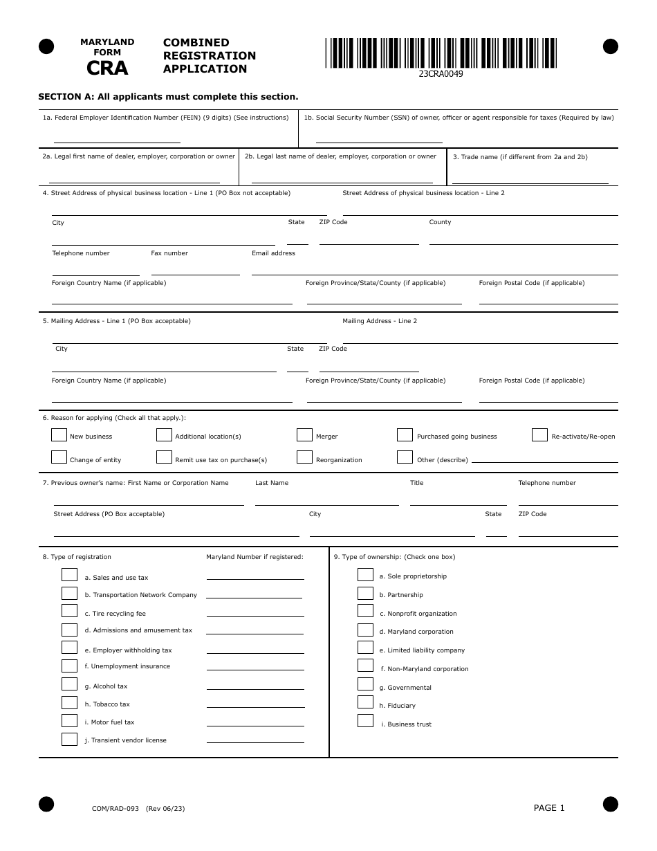 Maryland Form CRA (COM / RAD-093) Combined Registration Application - Maryland, Page 1
