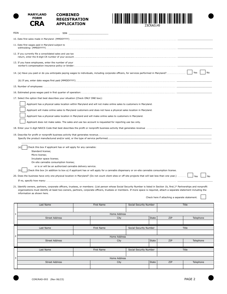 Maryland Form CRA (COM / RAD-093) Combined Registration Application - Maryland, Page 2