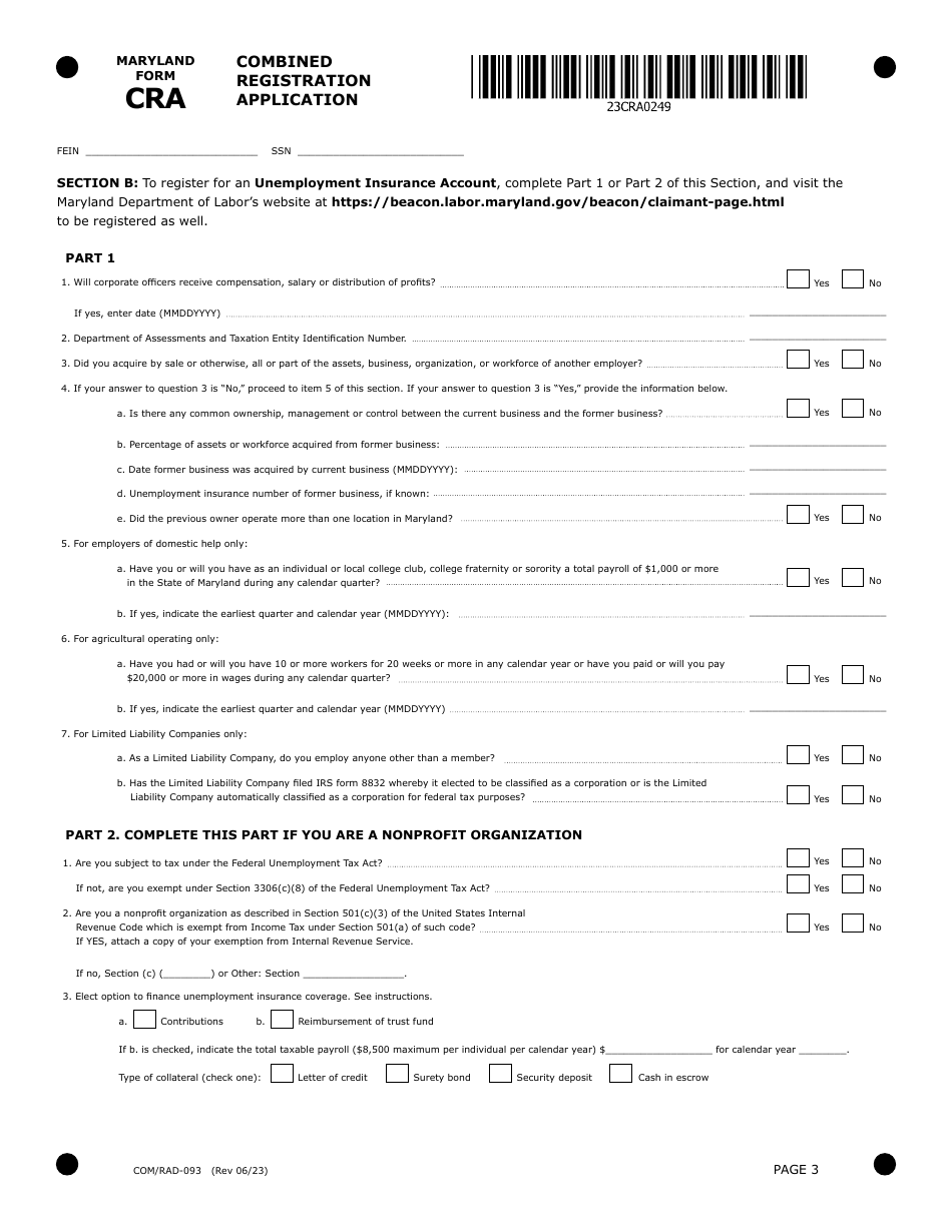 Maryland Form CRA (COM / RAD-093) Combined Registration Application - Maryland, Page 3