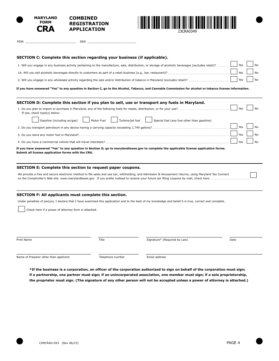 Maryland Form CRA (COM / RAD-093) Combined Registration Application - Maryland, Page 4